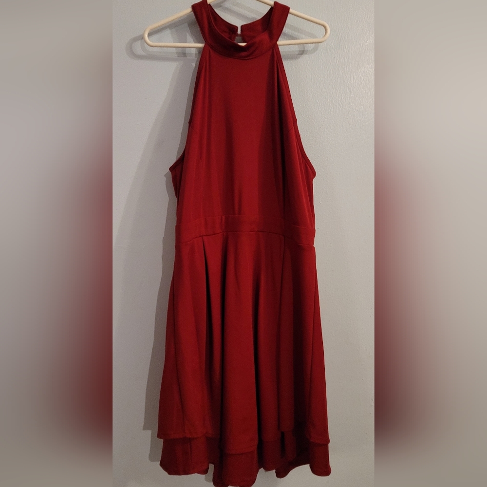 Red Halter  Low Cut Back Dress With Full Skirt